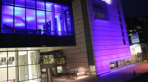  The UMass Medical School building illuminated by light