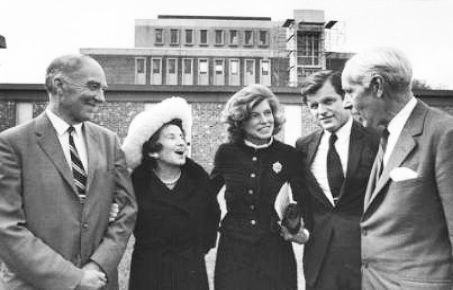 Pictured at the dedication of the Shriver Center in 1970: Co-Founder Dr. Raymond Adams, Rose Kennedy, Eunice Kennedy Shriver, Senator Edward M. Kennedy, and David Crockett, Associate Director of Mass General Hospital